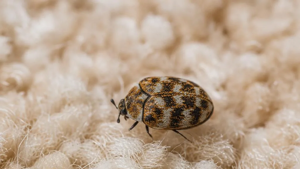 Carpet beetle on carpet fibers in a Hampton Roads home treated by Universal Pest
