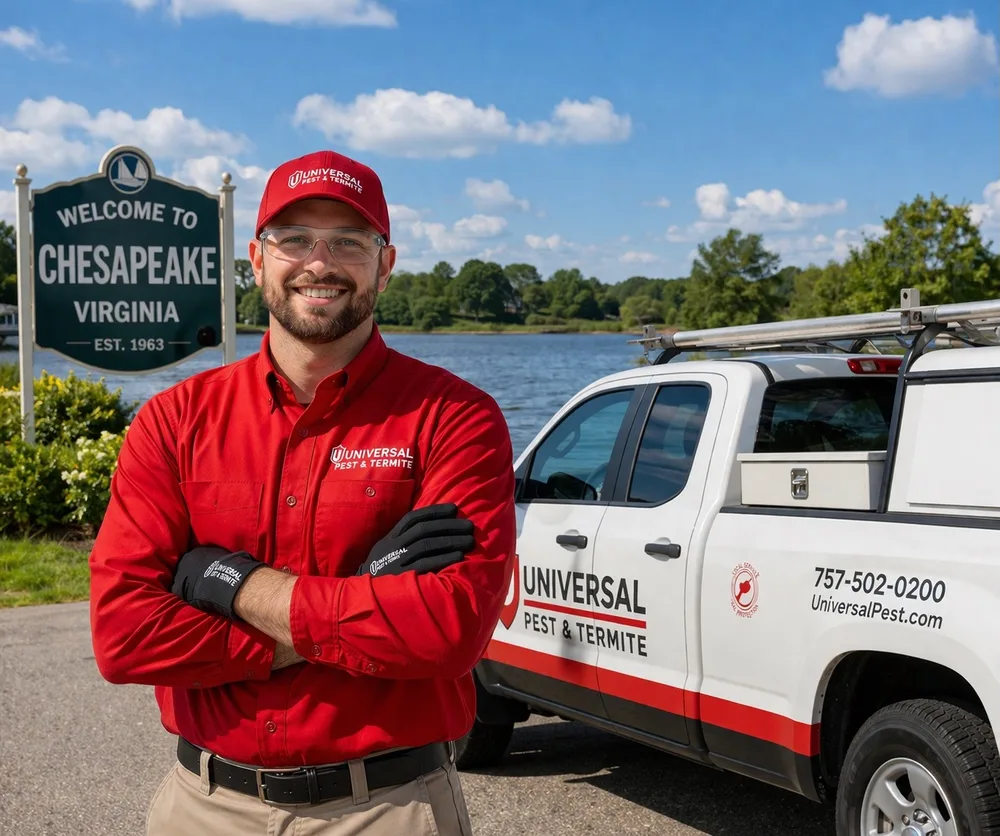 A Universal Pest & Termite technician beside a marked service truck at the Welcome to Chesapeake, Virginia sign in Chesapeake, VA