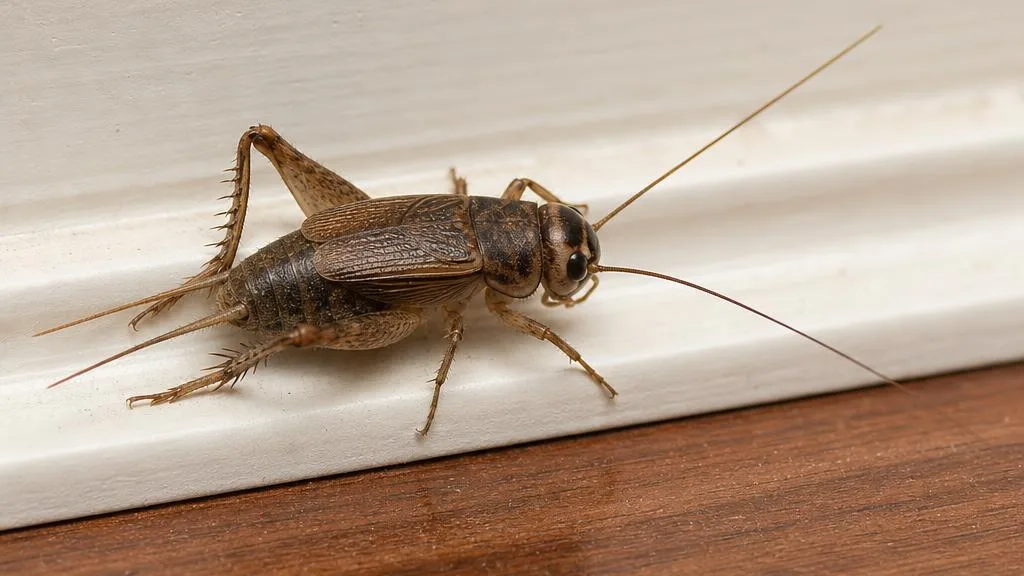 House cricket on an interior baseboard in a Hampton Roads home treated for crickets
