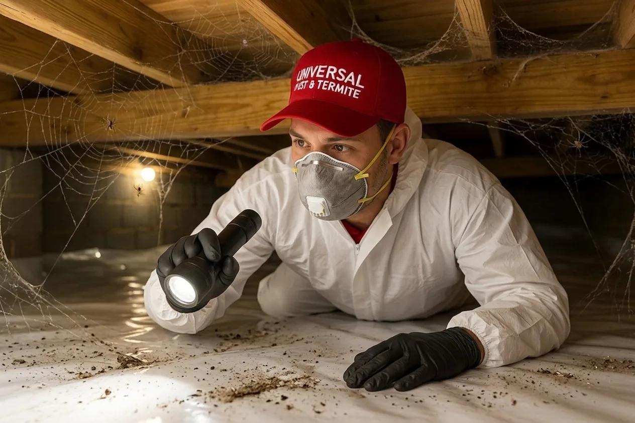 Universal Pest & Termite inspector in a red company cap, respirator, and white coveralls shining a flashlight on the floor joists while crawling through a cobweb-filled crawl space during a free termite inspection