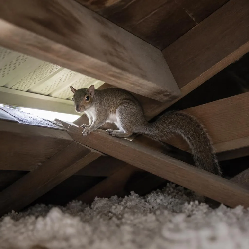 Gray squirrel perched on an attic rafter beside a small soffit opening