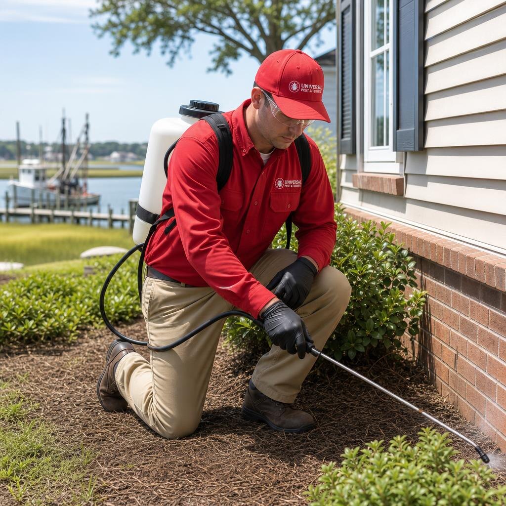 Universal Pest & Termite technician treating a home in Poquoson, VA, with the Messick Point working waterfront and salt marsh in the background