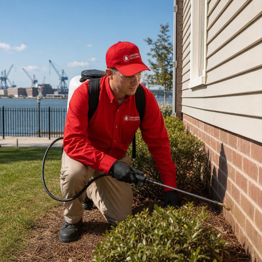 Universal Pest & Termite technician treating a home in Portsmouth, VA, with the Olde Towne waterfront and naval shipyard cranes on the Elizabeth River in the background