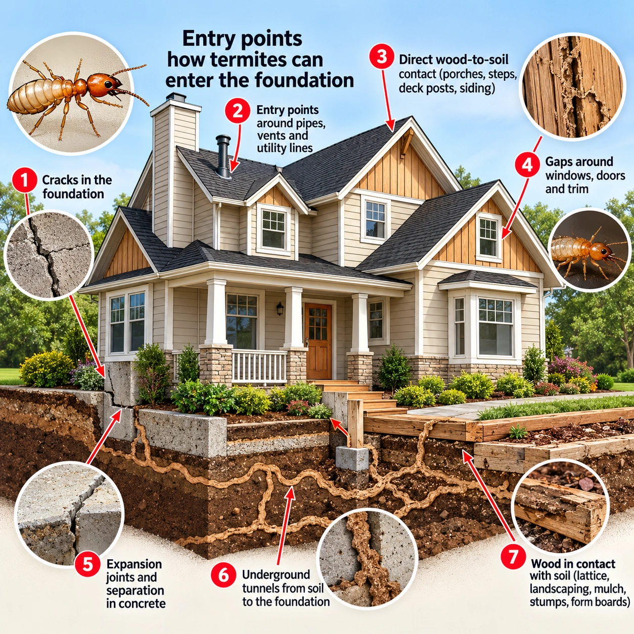 Illustrated cutaway of a home showing common subterranean termite entry points, including foundation cracks and joints, gaps around utilities, wood touching soil, and mud tubes rising from the ground
