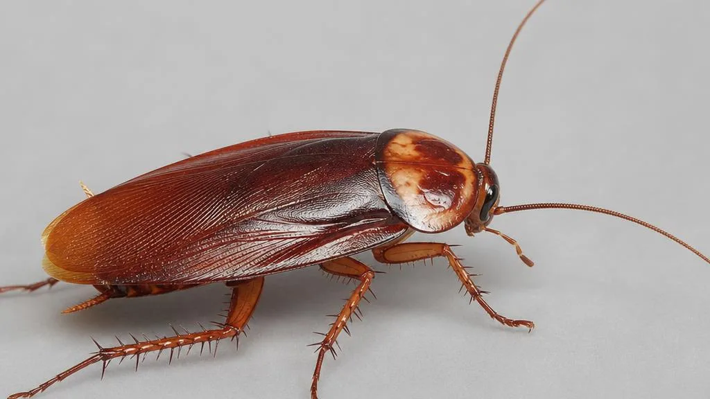 Large reddish-brown American cockroach with a yellowish figure-eight marking behind its head