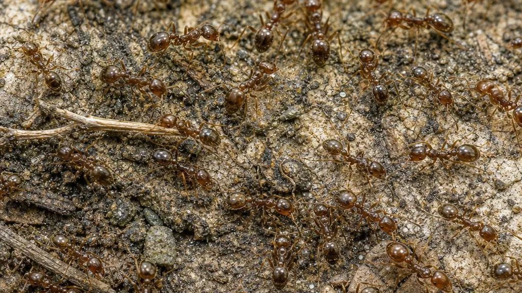 Small light-brown Argentine ants moving in a dense trail