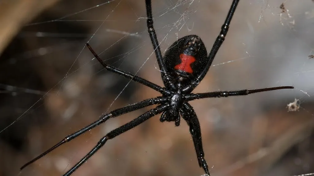 Glossy black widow spider with a red hourglass marking on its abdomen