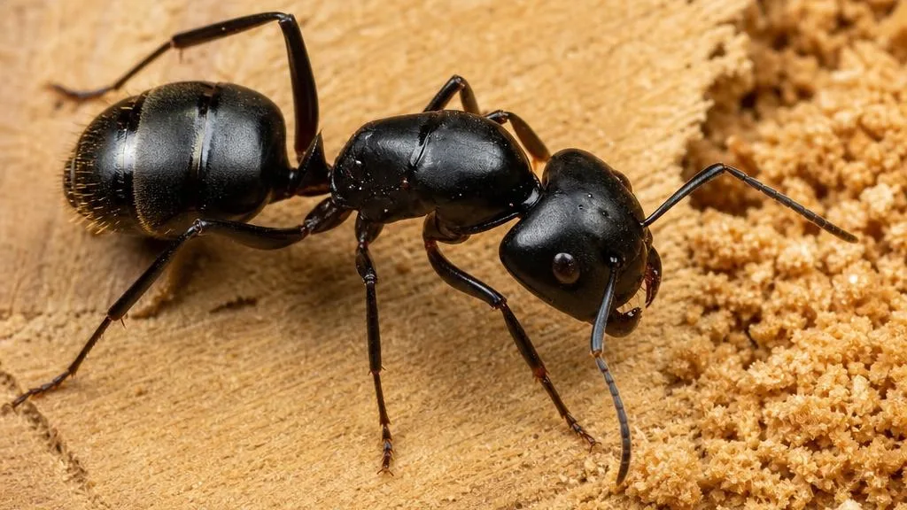 Large black carpenter ant on wood beside fine sawdust frass