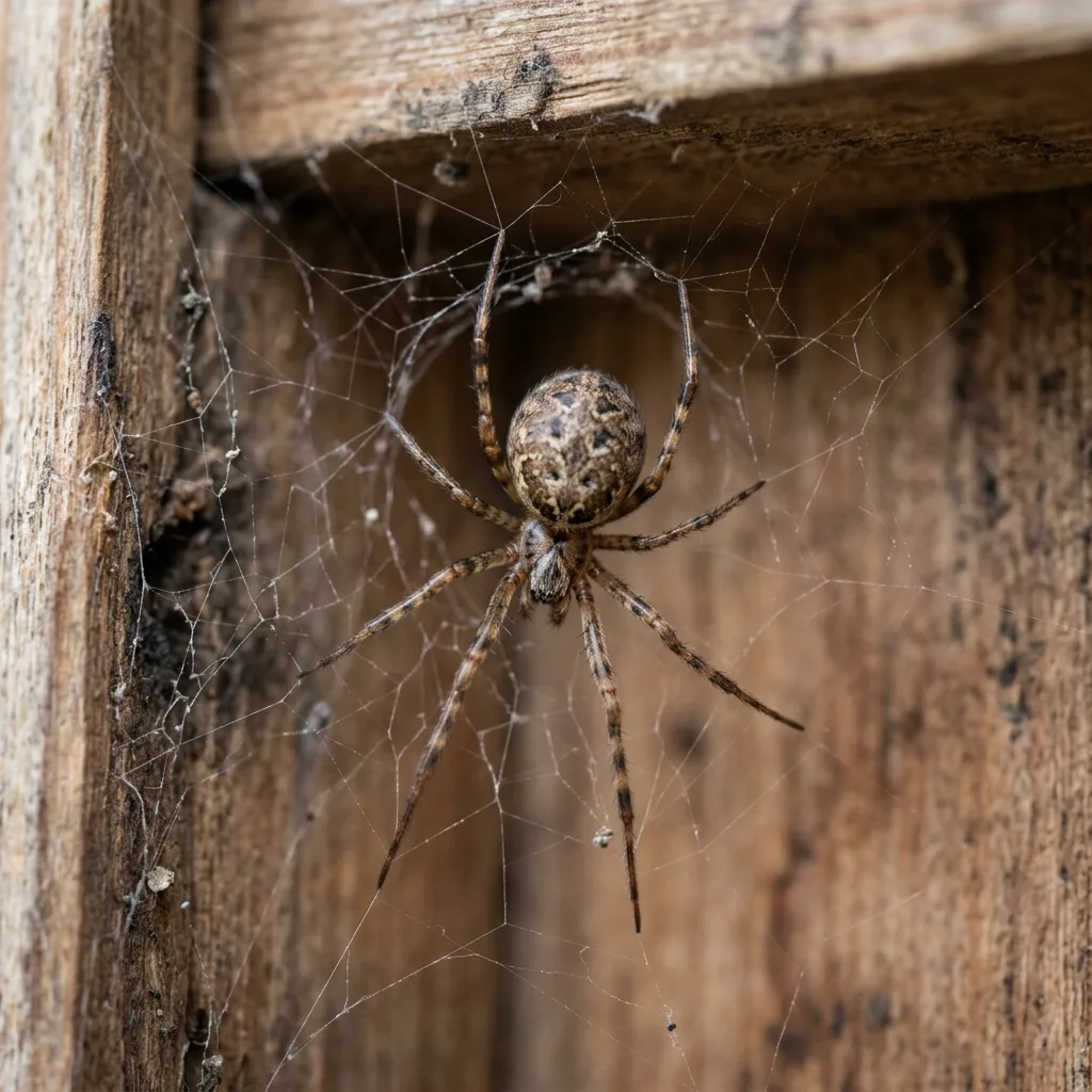 Common house spider in a web in a sheltered wooden corner