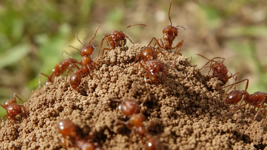 Coppery reddish-brown fire ants on a dome-shaped dirt mound