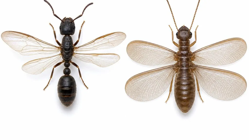 Side-by-side comparison of a flying ant and a termite swarmer showing antennae, waist, and wing differences