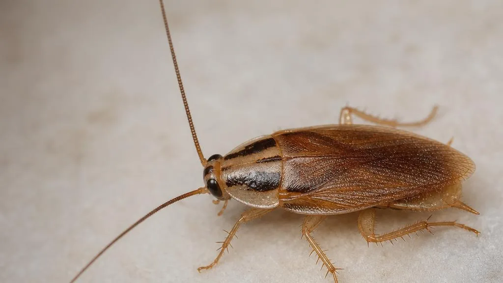 German cockroach with two dark parallel stripes behind its head on a kitchen surface