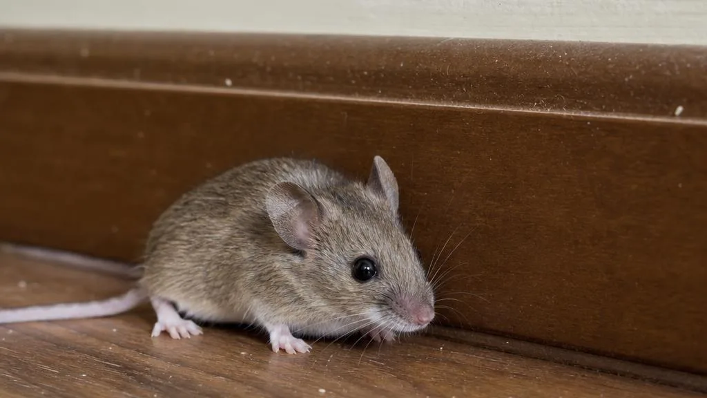 Small gray-brown house mouse with large ears and pointed nose near a baseboard