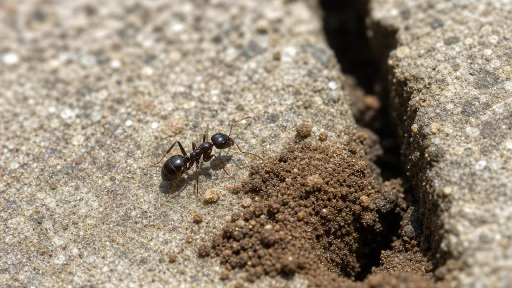 Small dark pavement ant beside a sidewalk crack with a mound of excavated soil