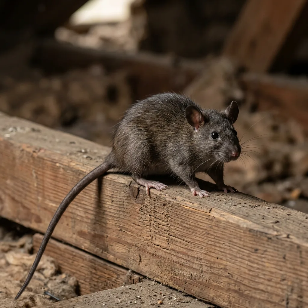 Roof rat with a long tail on an attic beam