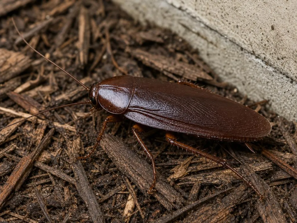 Uniformly dark mahogany smokybrown cockroach on wood mulch near a home foundation