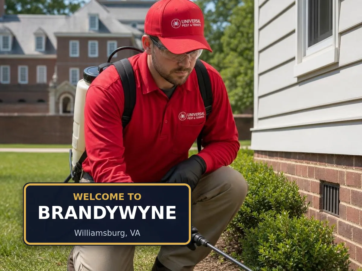 Universal Pest & Termite technician treating a home in Brandywyne, Williamsburg, VA, beside a "Welcome to Brandywyne" sign