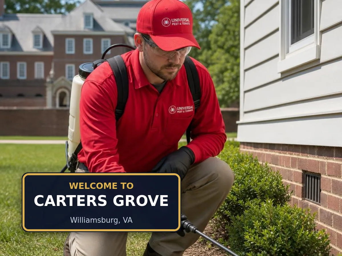 Universal Pest & Termite technician treating a home in Carters Grove, Williamsburg, VA, beside a "Welcome to Carters Grove" sign