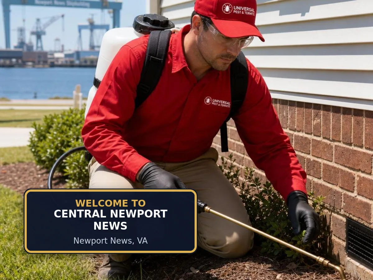 Universal Pest & Termite technician treating a home in Central Newport News, Newport News, VA, beside a "Welcome to Central Newport News" sign