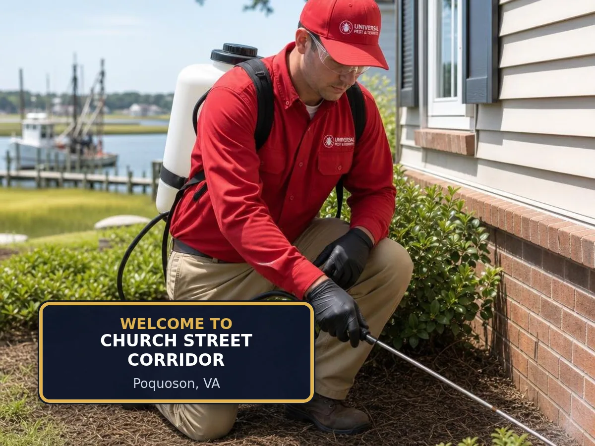 Universal Pest & Termite technician treating a home in the Church Street Corridor neighborhood of Poquoson, VA