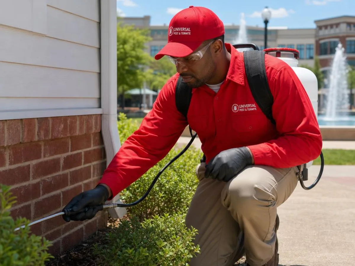 Universal Pest & Termite technician treating a home in City Center, Newport News, VA, with the City Center at Oyster Point fountain plaza in the background