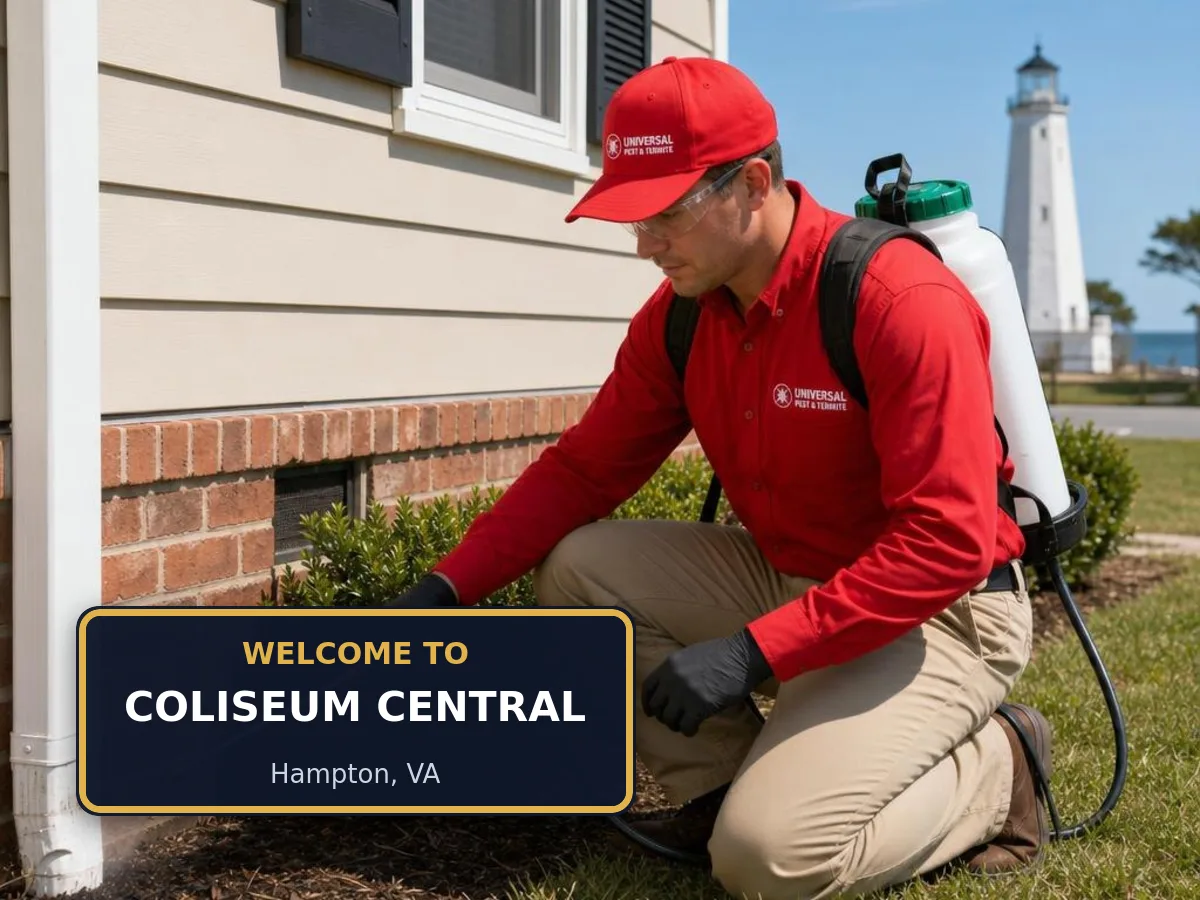 Universal Pest & Termite technician treating a home in Coliseum Central, Hampton, VA, beside a "Welcome to Coliseum Central" sign