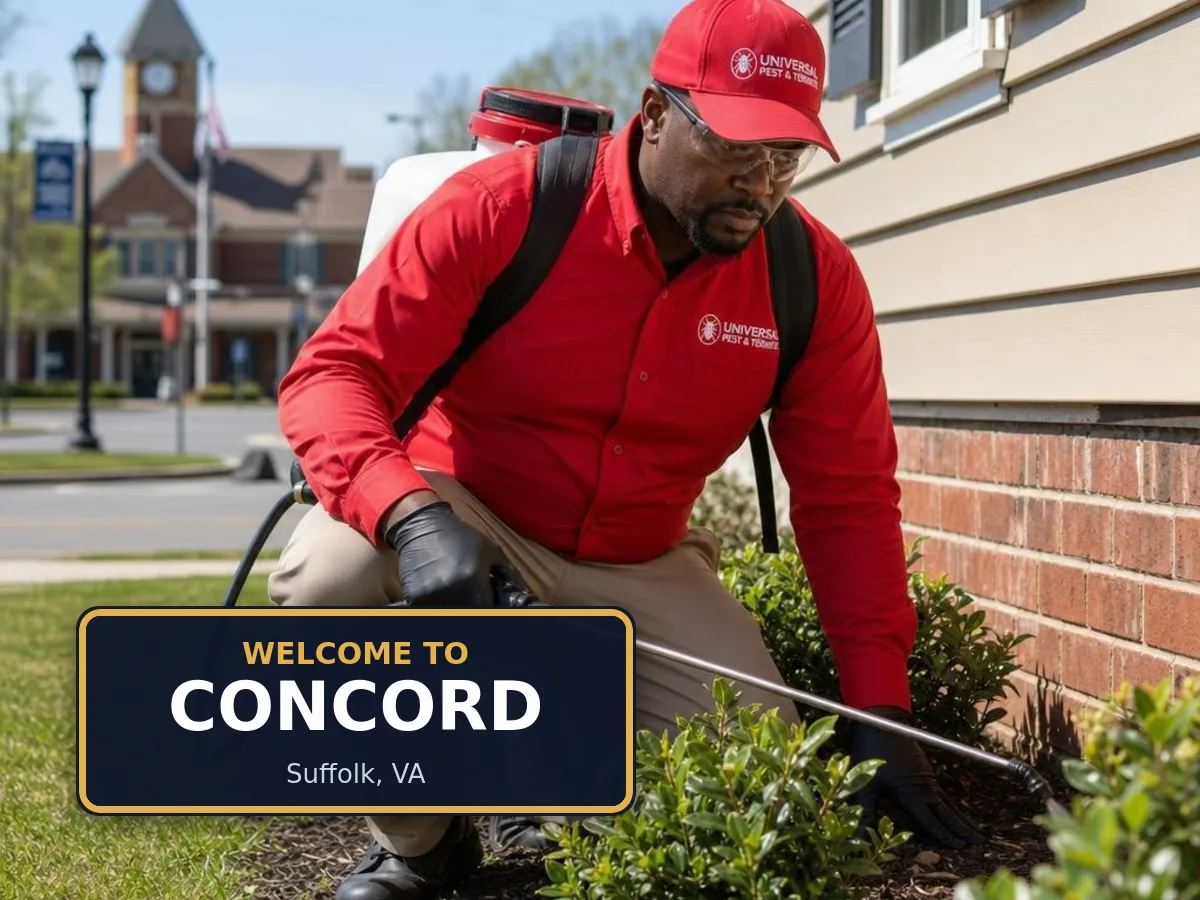 Universal Pest & Termite technician treating a home in Concord, Suffolk, VA, beside a "Welcome to Concord" sign