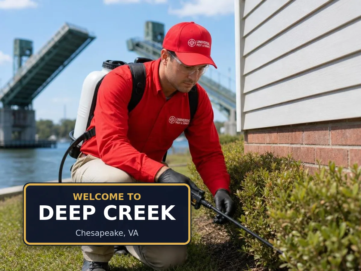 Universal Pest & Termite technician treating a home in the Deep Creek neighborhood of Chesapeake, VA