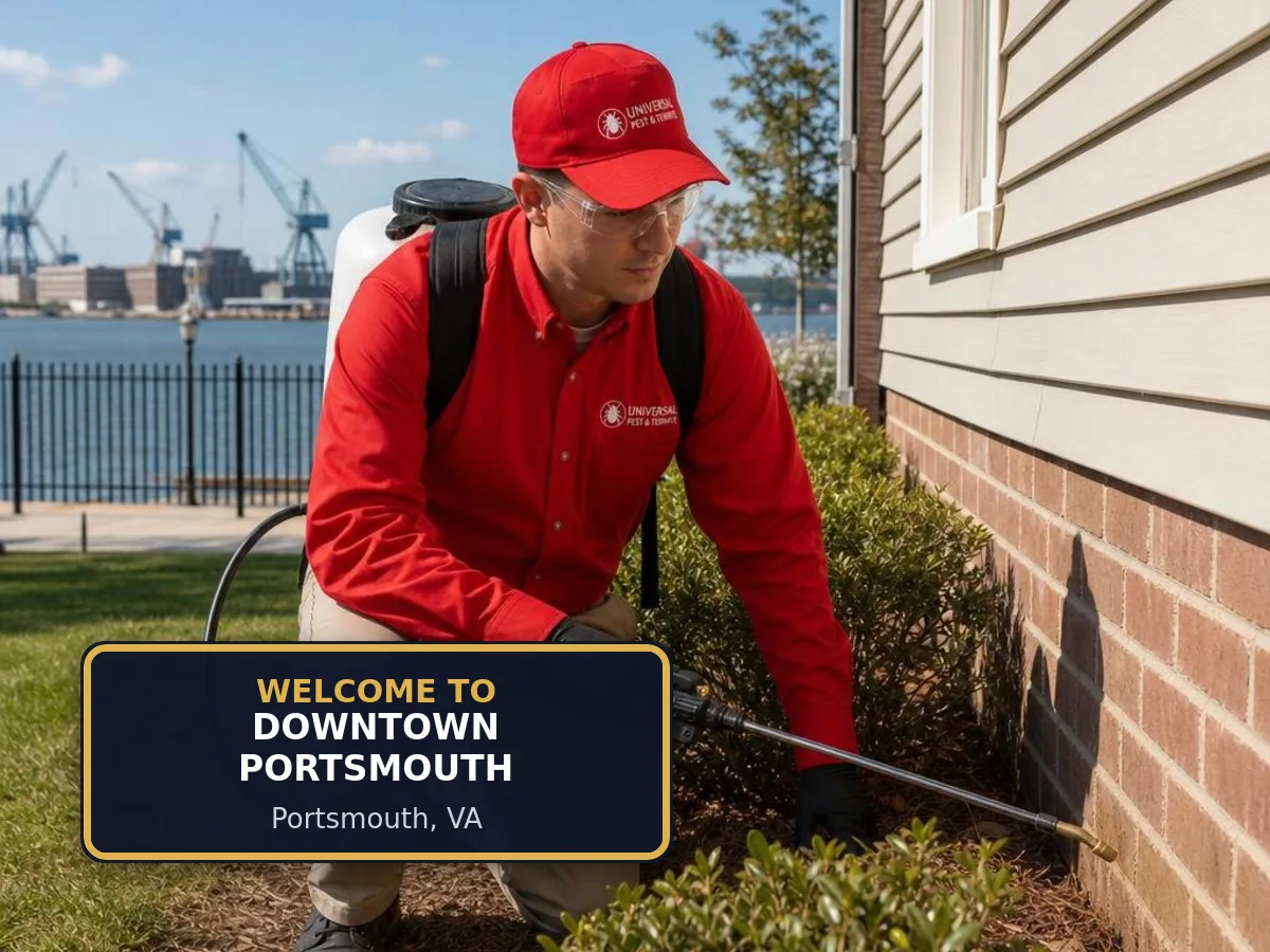 Universal Pest & Termite technician treating a home in Downtown Portsmouth, Portsmouth, VA, beside a "Welcome to Downtown Portsmouth" sign