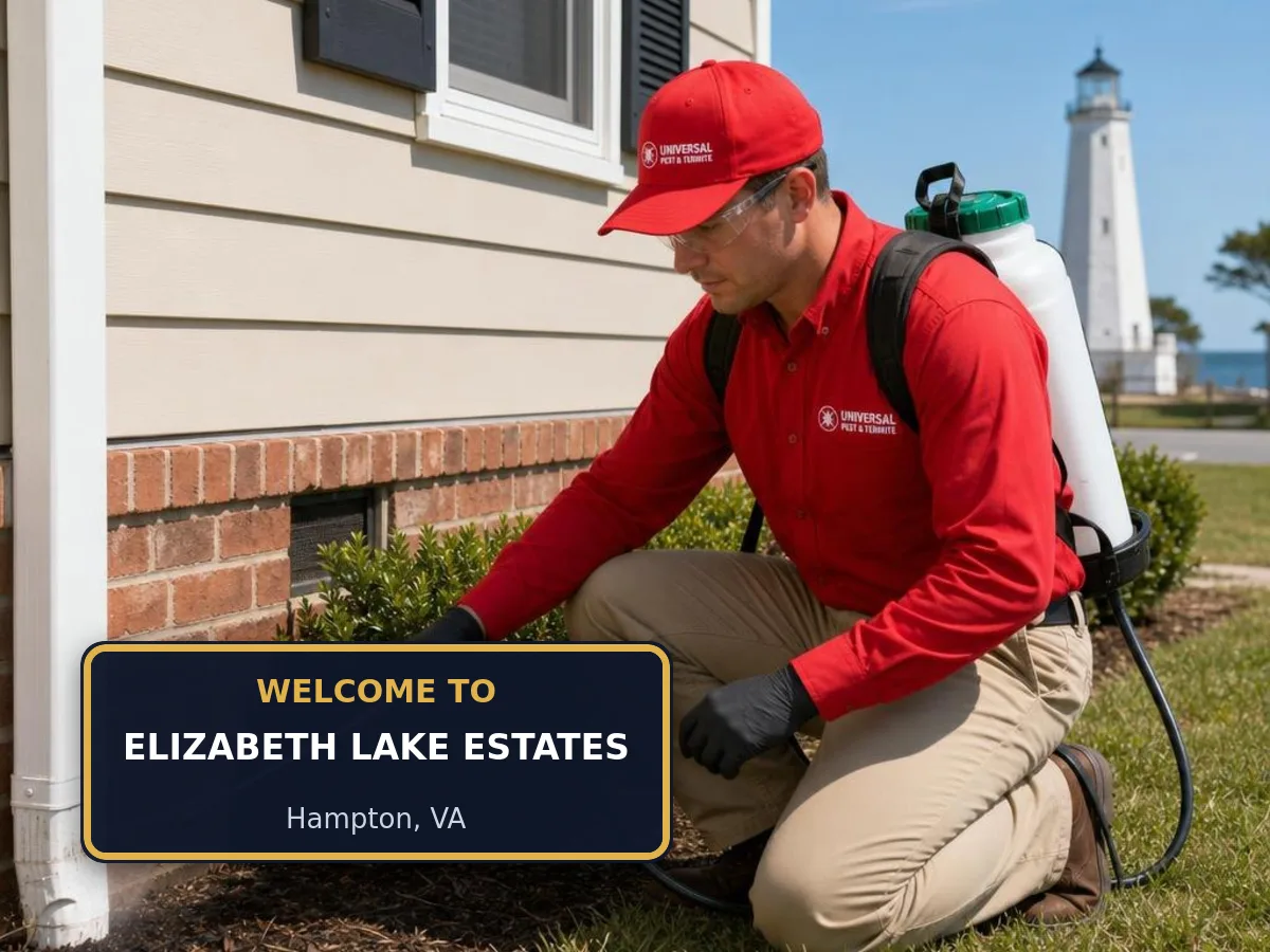 Universal Pest & Termite technician treating a home in Elizabeth Lake Estates, Hampton, VA, beside a "Welcome to Elizabeth Lake Estates" sign