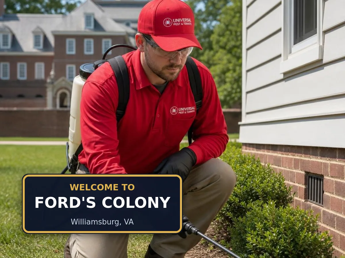 Universal Pest & Termite technician treating a home in Ford's Colony, Williamsburg, VA, beside a "Welcome to Ford's Colony" sign