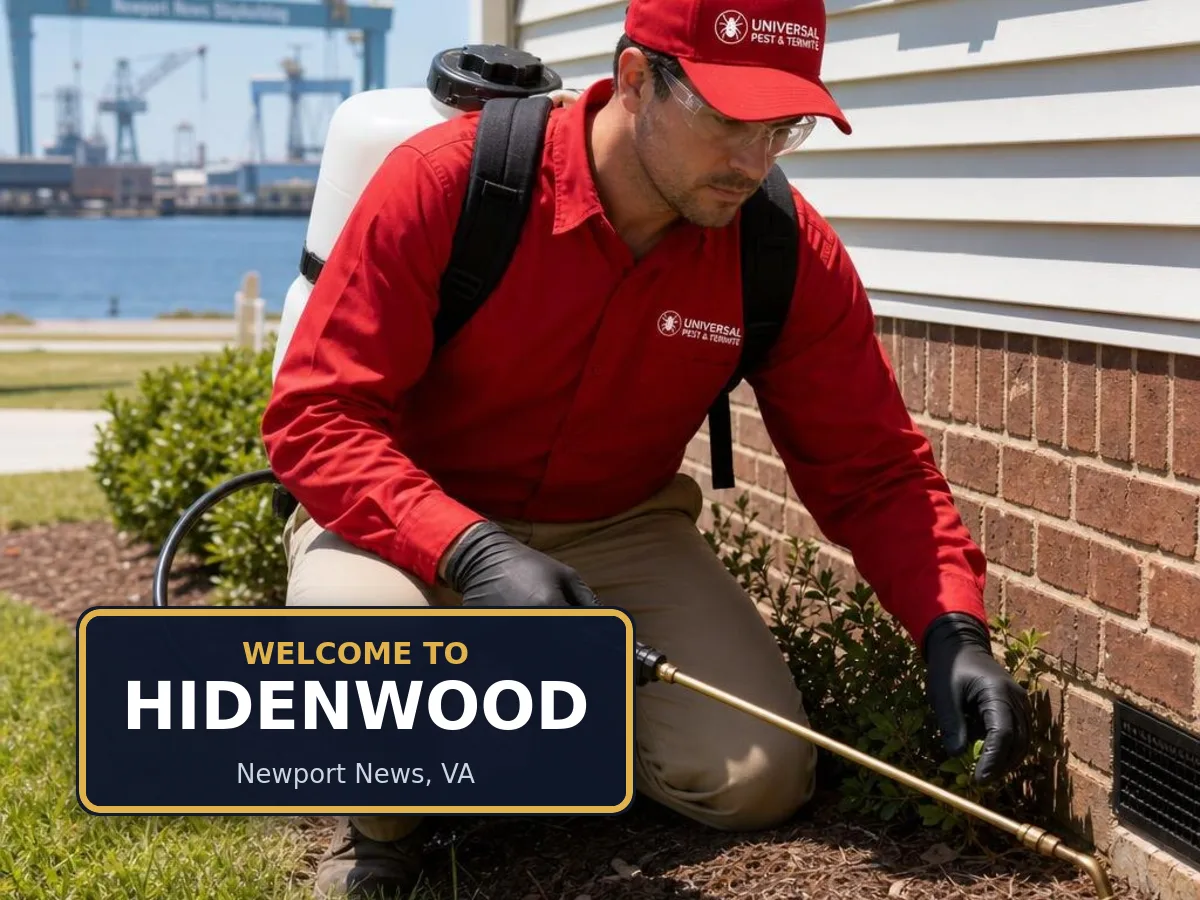 Universal Pest & Termite technician treating a home in Hidenwood, Newport News, VA, beside a "Welcome to Hidenwood" sign