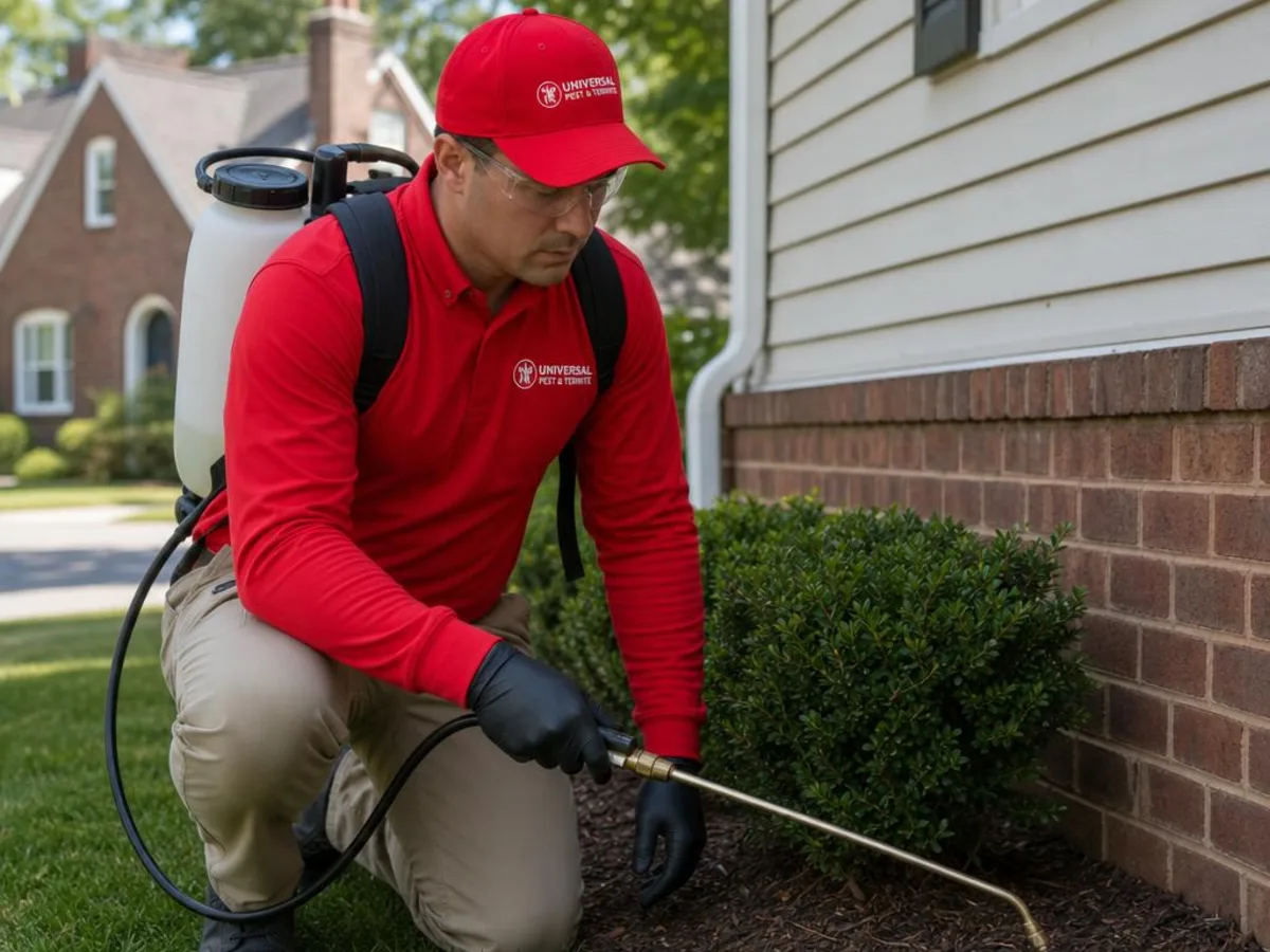 Universal Pest & Termite technician treating a home in Hilton Village, Newport News, VA, with the historic English-cottage homes of Hilton Village in the background