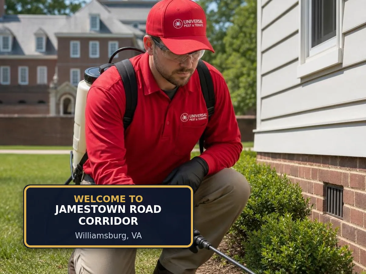 Universal Pest & Termite technician treating a home in Jamestown Road Corridor, Williamsburg, VA, beside a "Welcome to Jamestown Road Corridor" sign
