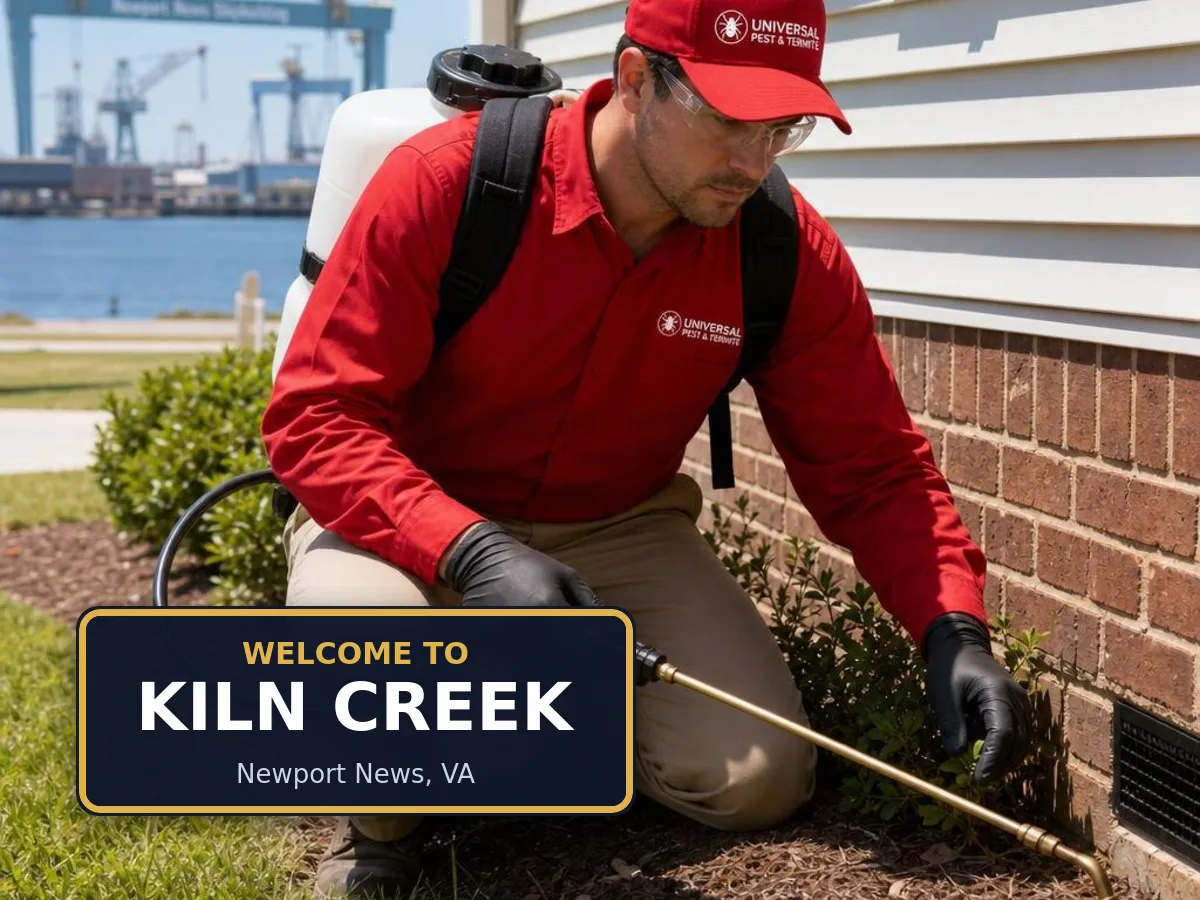 Universal Pest & Termite technician treating a home in Kiln Creek, Newport News, VA, beside a "Welcome to Kiln Creek" sign