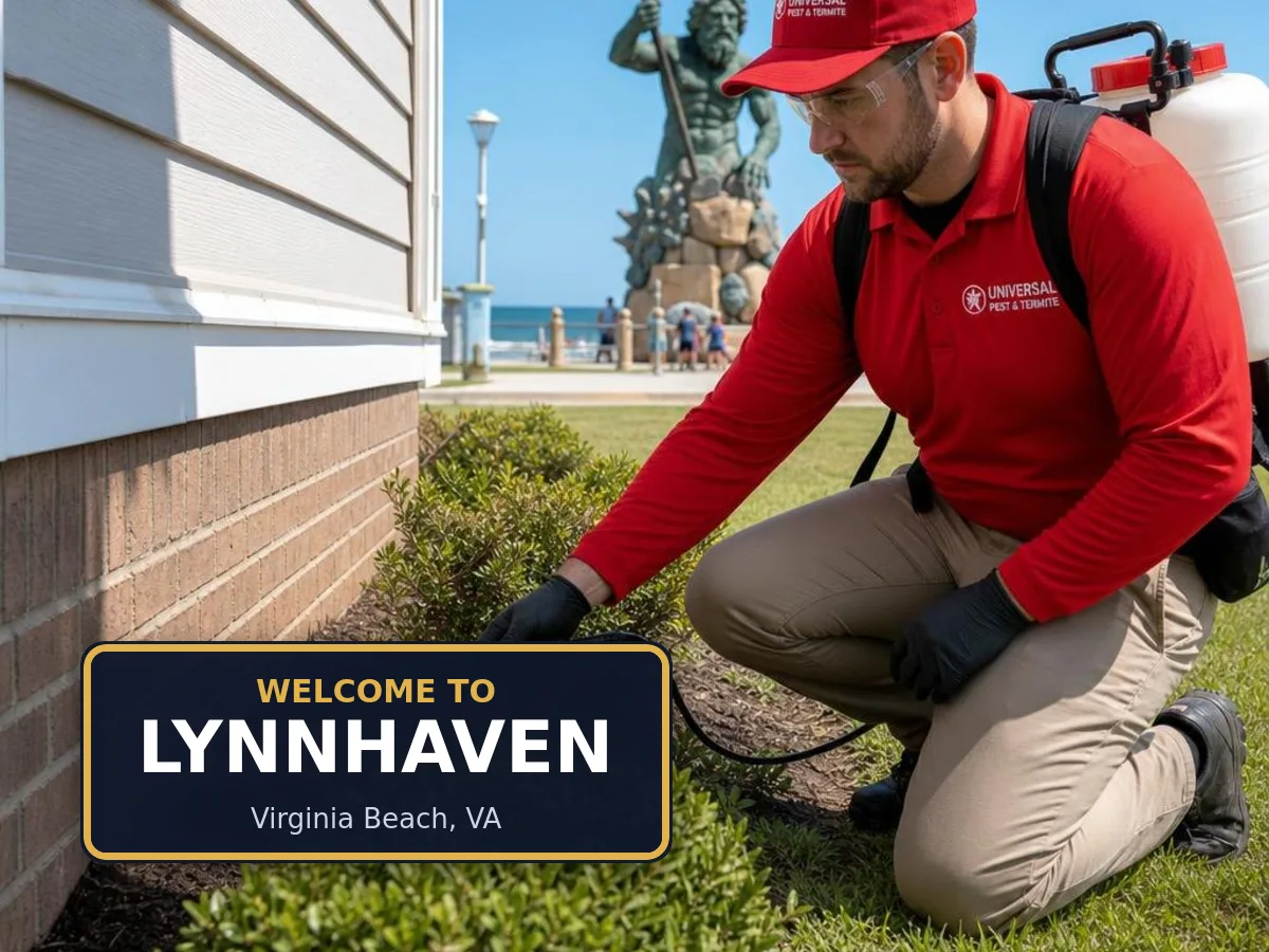Universal Pest & Termite technician treating a home in Lynnhaven, Virginia Beach, VA, beside a "Welcome to Lynnhaven" sign