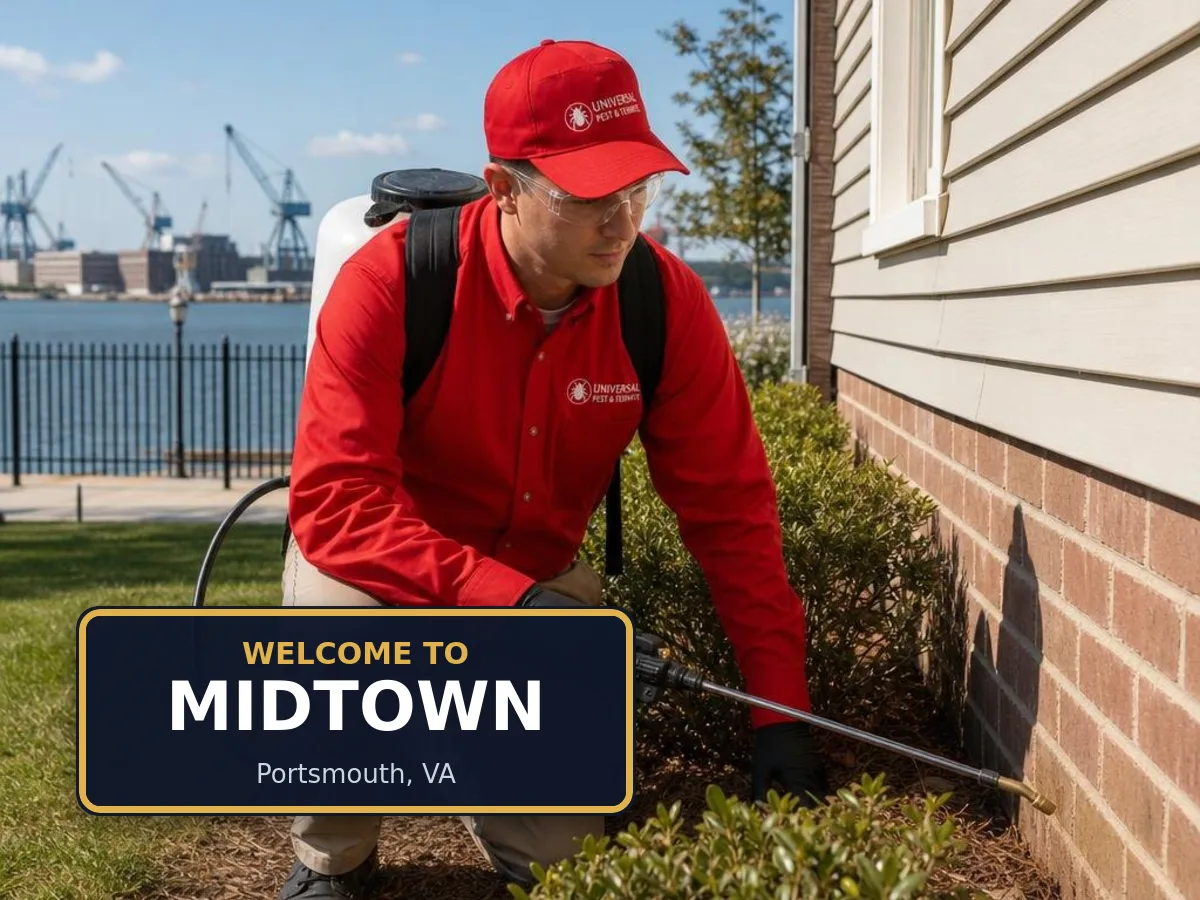Universal Pest & Termite technician treating a home in the Midtown neighborhood of Portsmouth, VA