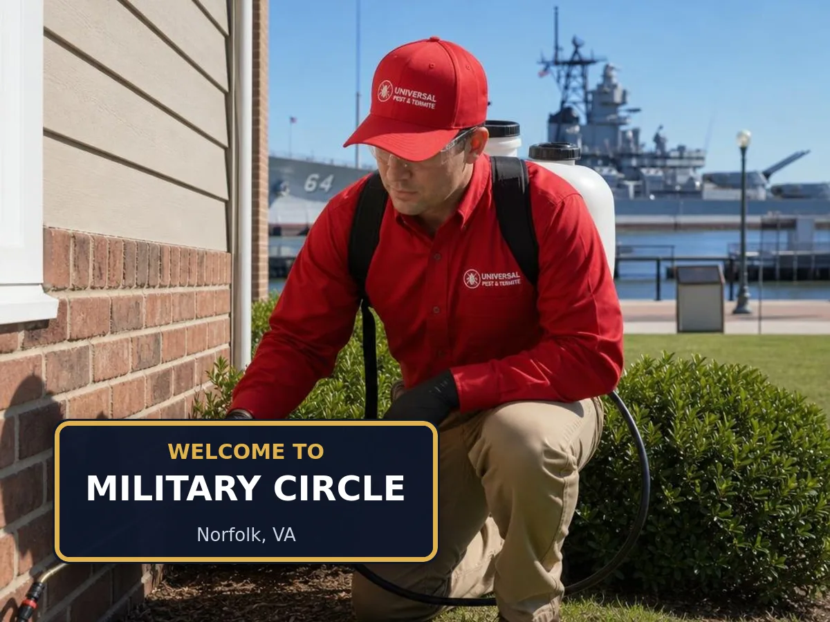 Universal Pest & Termite technician treating a home in Military Circle, Norfolk, VA, beside a "Welcome to Military Circle" sign