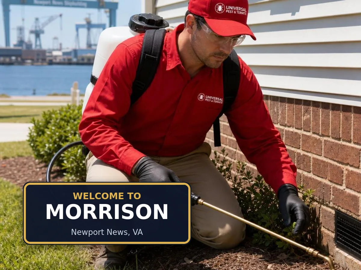 Universal Pest & Termite technician treating a home in Morrison, Newport News, VA, beside a "Welcome to Morrison" sign