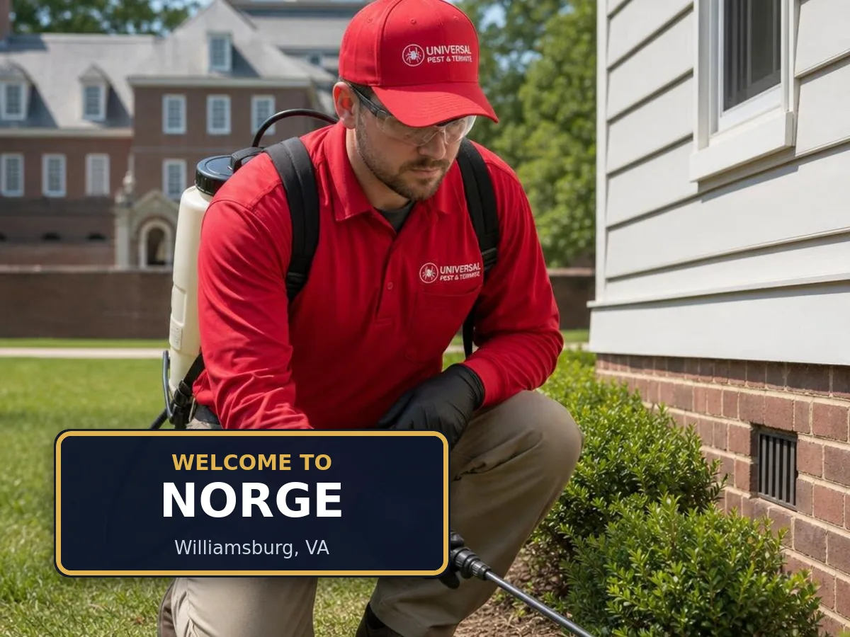 Universal Pest & Termite technician treating a home in the Norge neighborhood of Williamsburg, VA