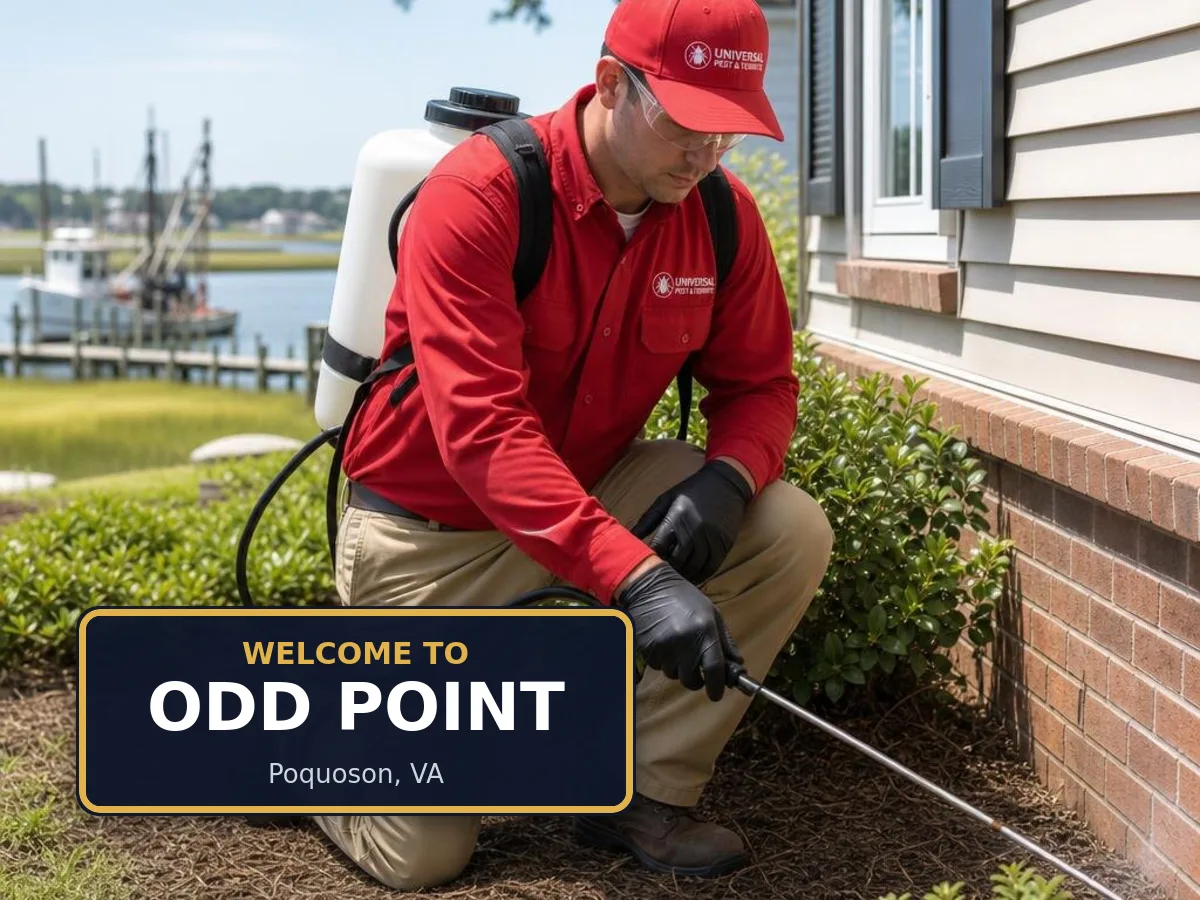 Universal Pest & Termite technician treating a home in the Odd Point neighborhood of Poquoson, VA