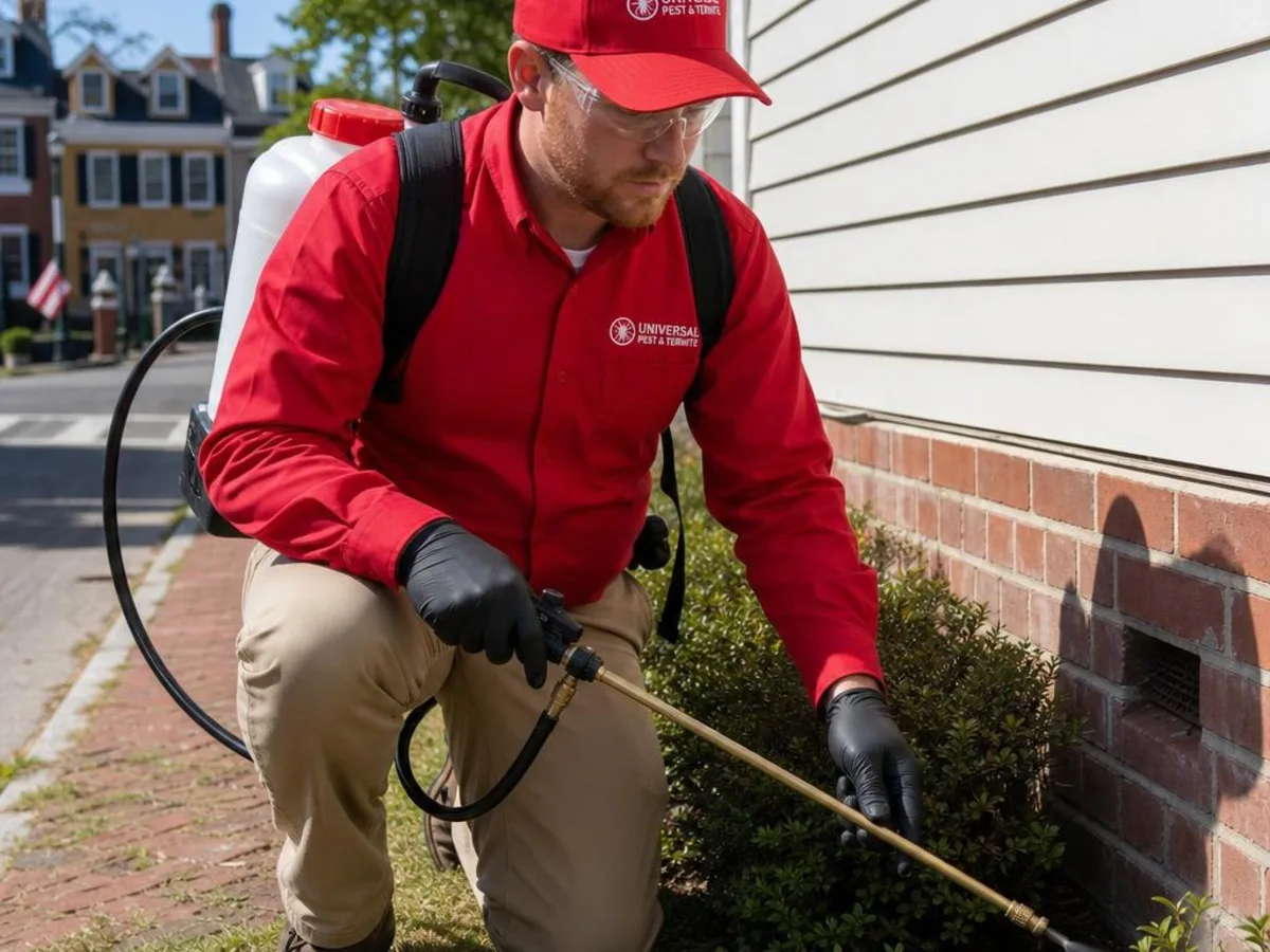 Universal Pest & Termite technician treating a home in Olde Towne, Portsmouth, VA, with the historic Olde Towne Portsmouth townhouses in the background