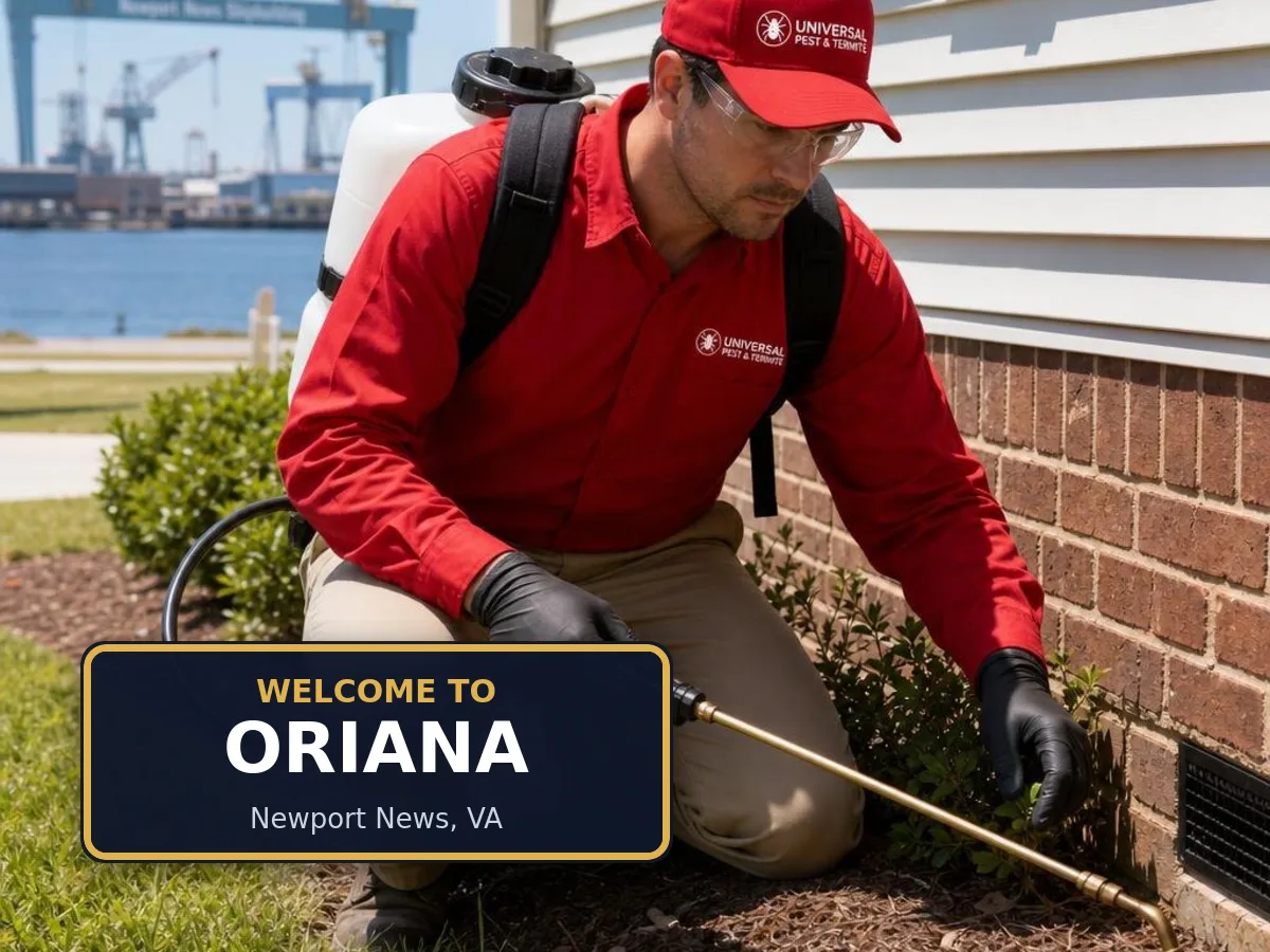 Universal Pest & Termite technician treating a home in Oriana, Newport News, VA, beside a "Welcome to Oriana" sign