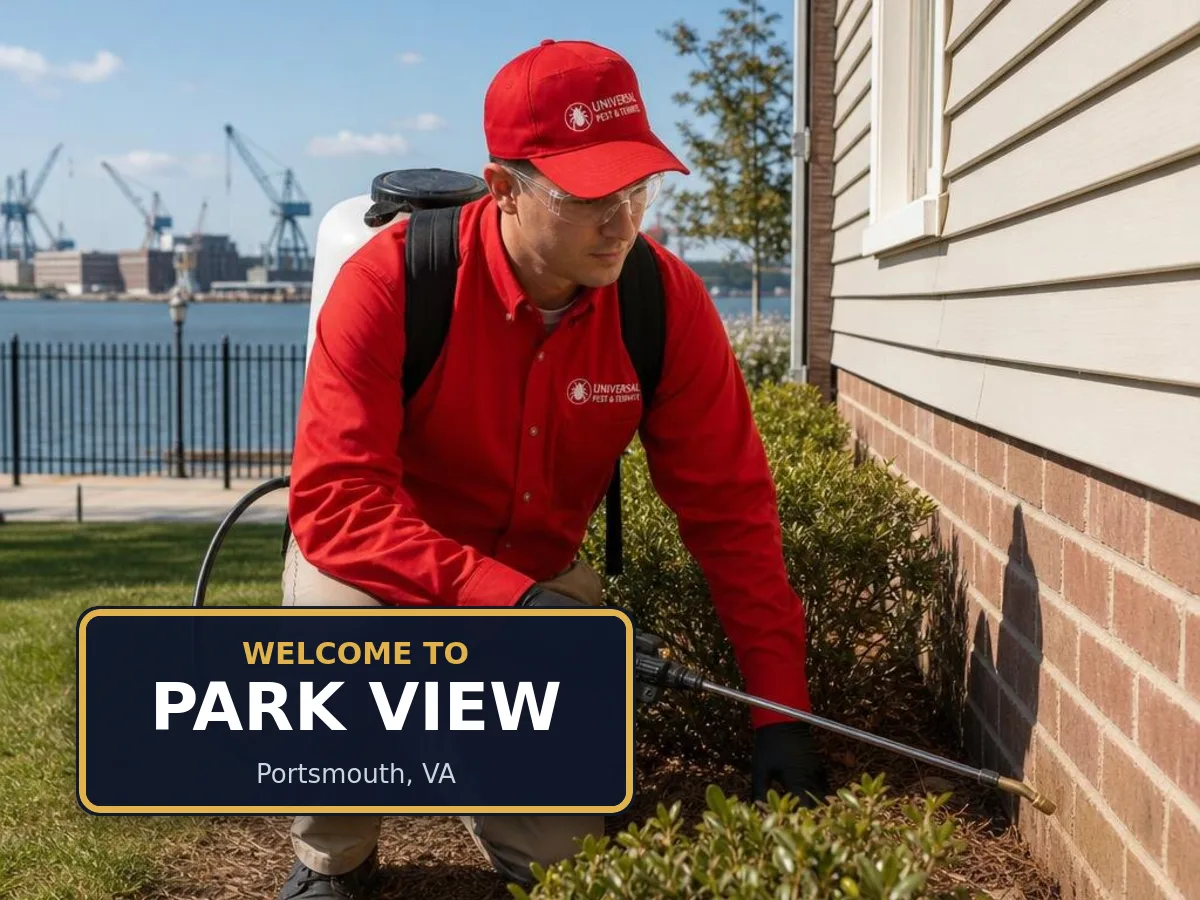 Universal Pest & Termite technician treating a home in Park View, Portsmouth, VA, beside a "Welcome to Park View" sign