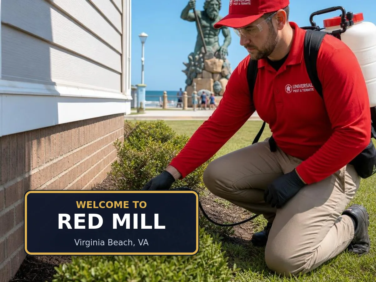 Universal Pest & Termite technician treating a home in the Red Mill neighborhood of Virginia Beach, VA