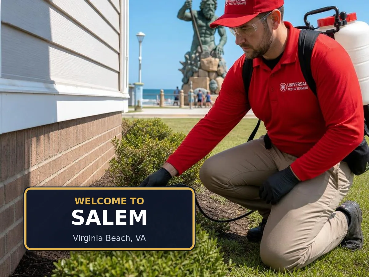 Universal Pest & Termite technician treating a home in Salem, Virginia Beach, VA, beside a "Welcome to Salem" sign