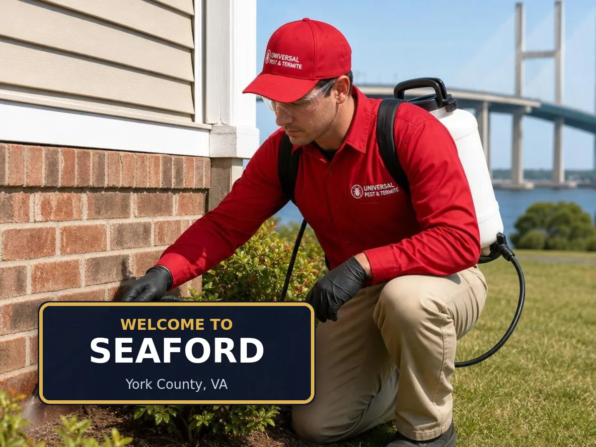 Universal Pest & Termite technician treating a home in the Seaford neighborhood of York County, VA