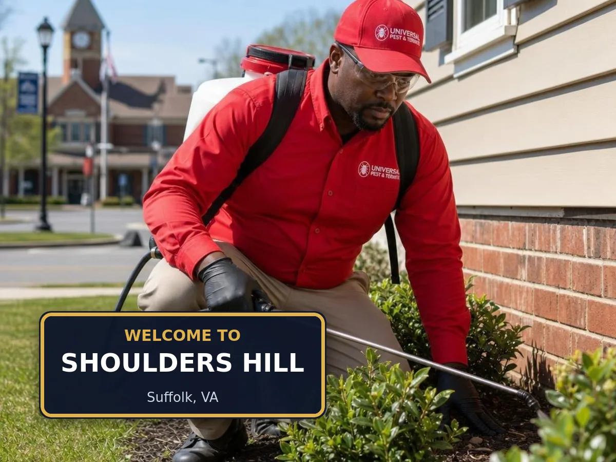 Universal Pest & Termite technician treating a home in Shoulders Hill, Suffolk, VA, beside a "Welcome to Shoulders Hill" sign