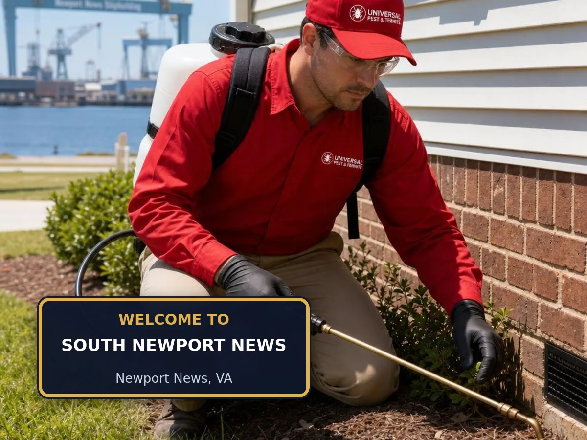 Universal Pest & Termite technician treating a home in South Newport News, Newport News, VA, beside a "Welcome to South Newport News" sign