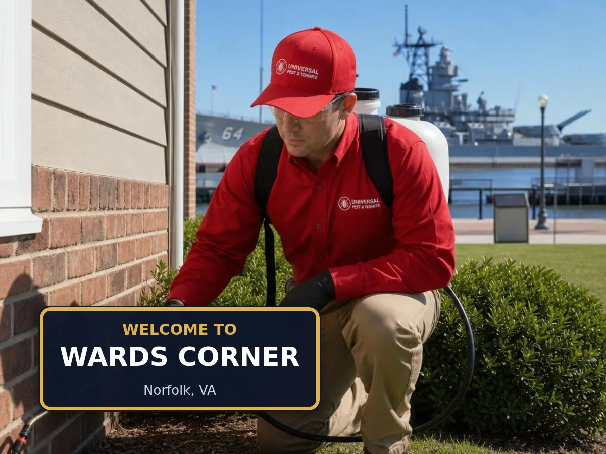 Universal Pest & Termite technician treating a home in Wards Corner, Norfolk, VA, beside a "Welcome to Wards Corner" sign